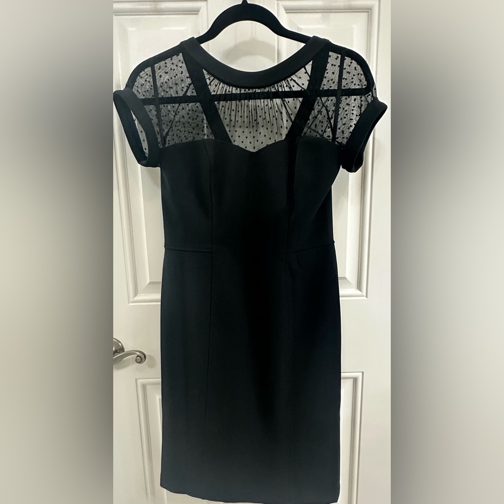 White House Black Market Black Dress with Sheer Polka Dot Yoke